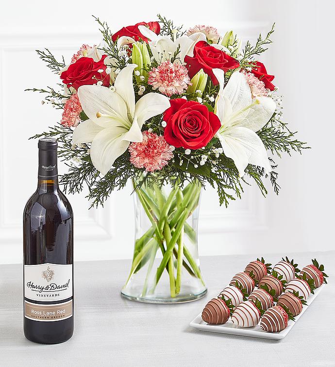 Deliciously Decadent Festive Holiday Bouquet, Drizzled Strawberries, and Wine